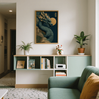 Chinese Dragon Art Print on wall above shelf with plant and waving lucky cat in modern room