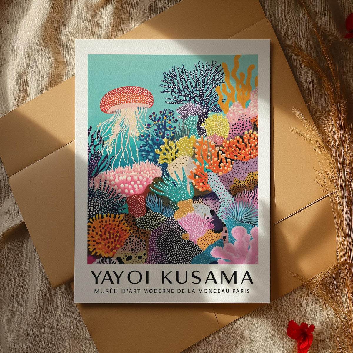 Coral Reef Art illustration of colorful coral and a jellyfish shown in soft natural light on packing paper