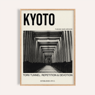 Framed Kyoto Torii Tunnel Art Print showing a black and white photographic torii tunnel with text