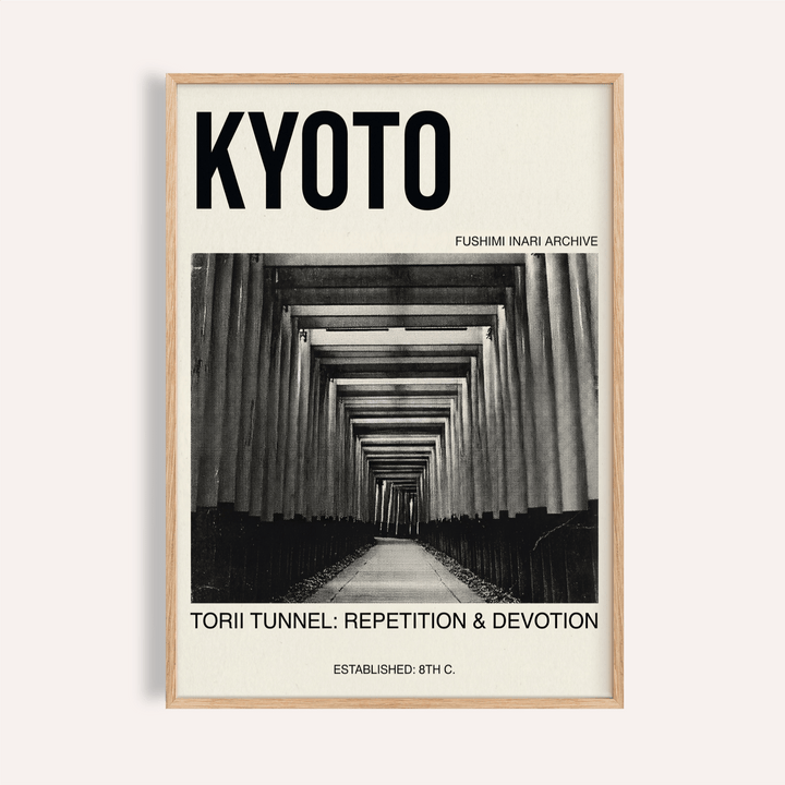 Framed Kyoto Torii Tunnel Art Print showing a black and white photographic torii tunnel with text
