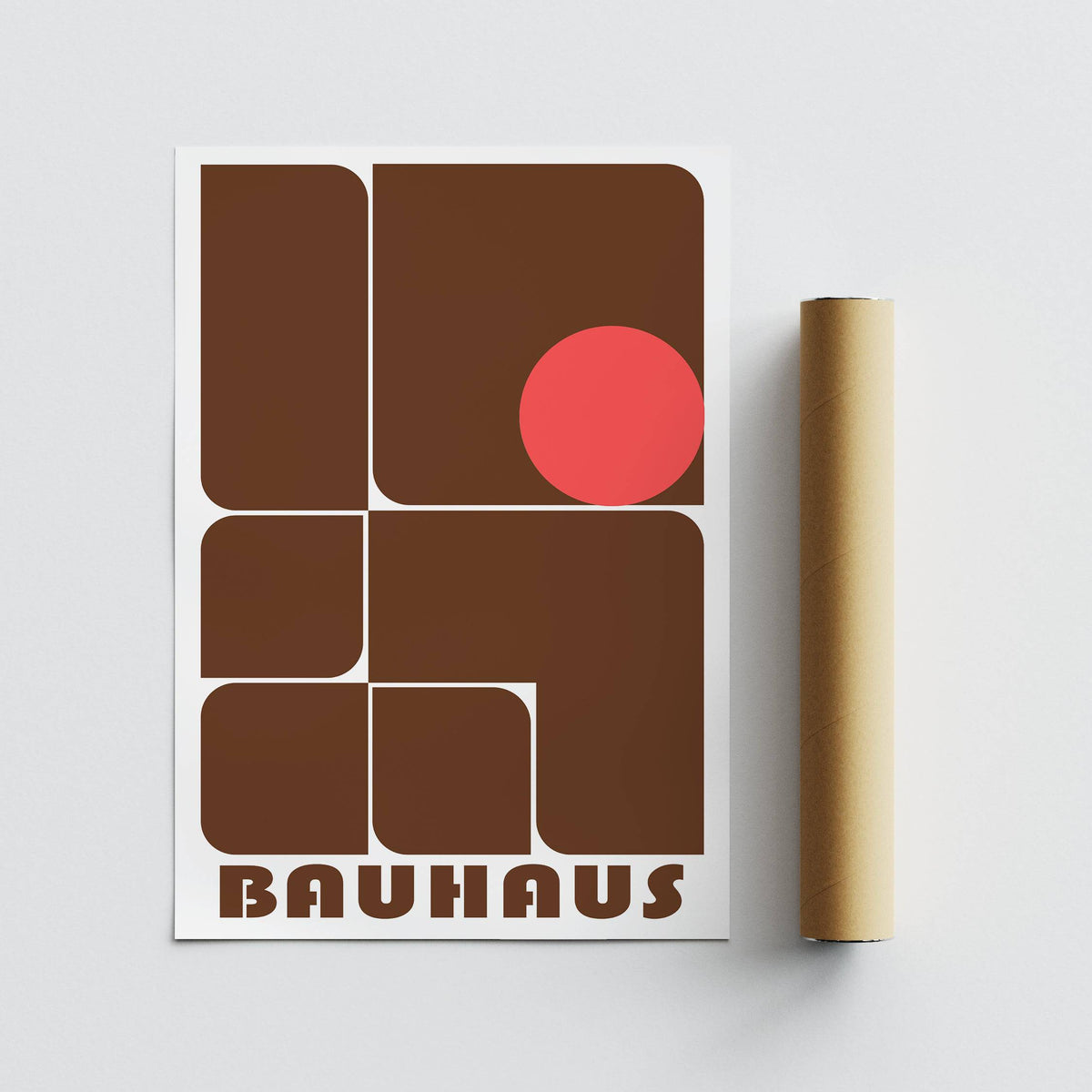 Wall Art for Offices unframed print with brown geometric shapes and a red circle next to a cardboard tube