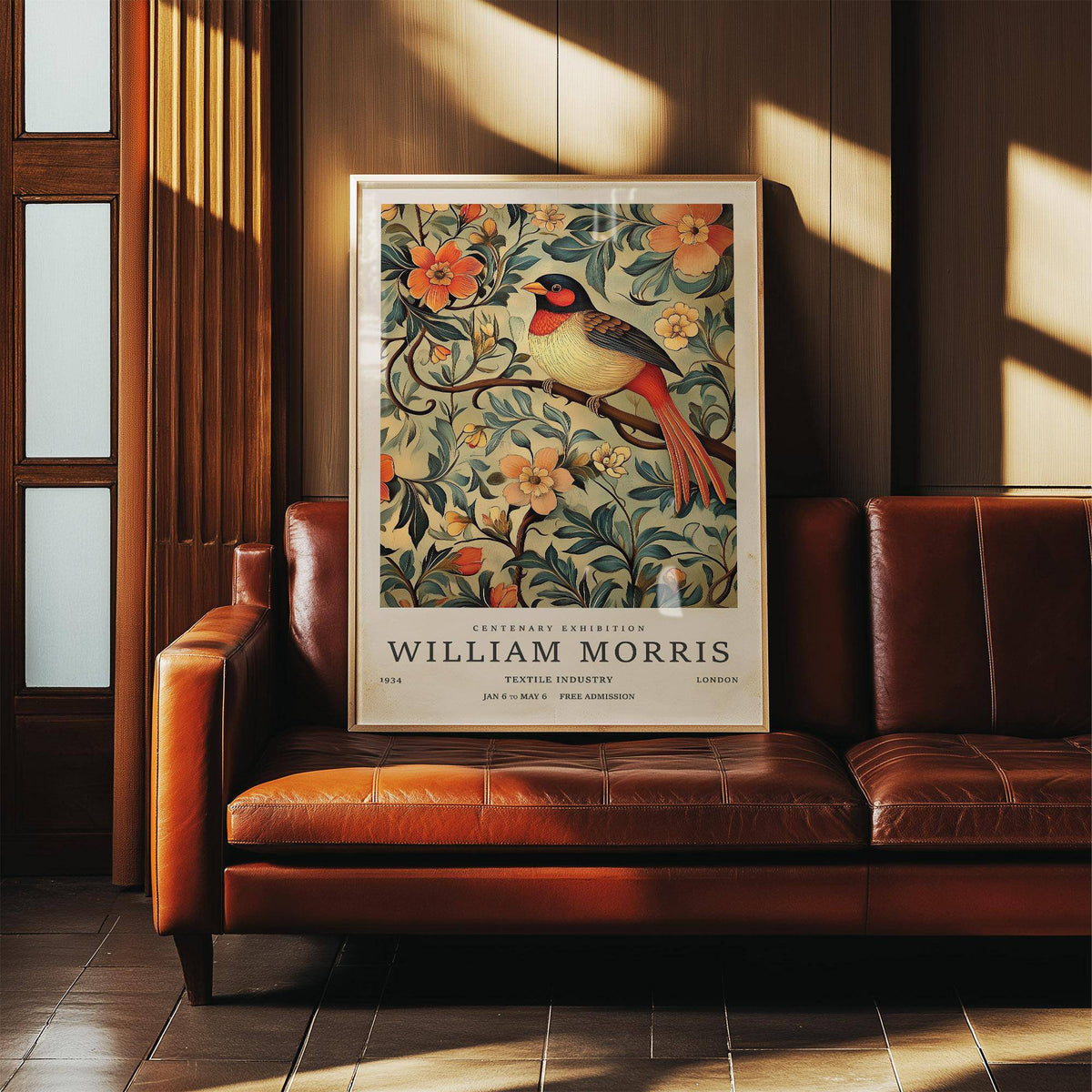 Bird Vintage Prints showing a songbird illustration with orange and green on a framed print leaning on a brown leather sofa