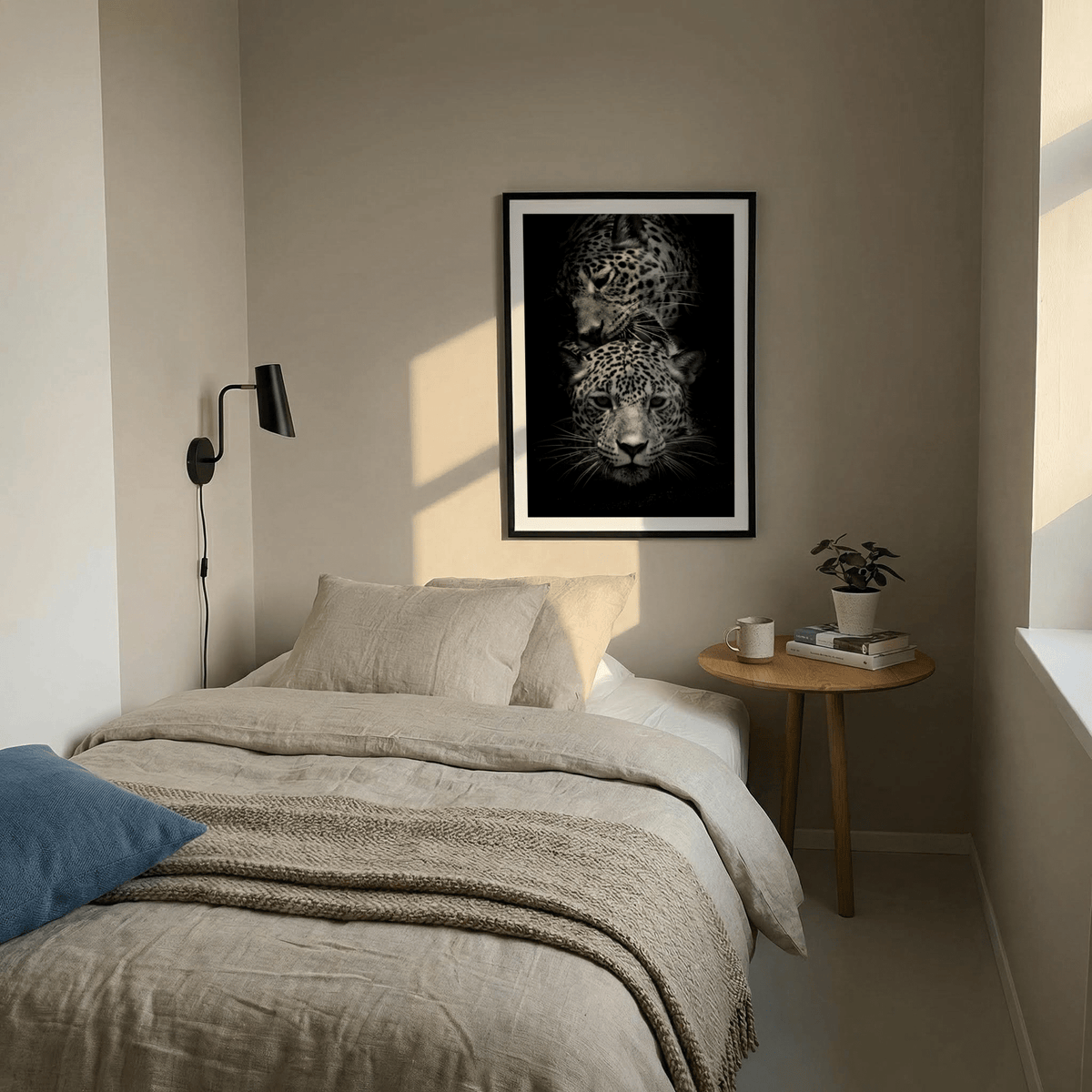 Leopard Photography Print showing two leopards in black and white above a bedside table with a plant