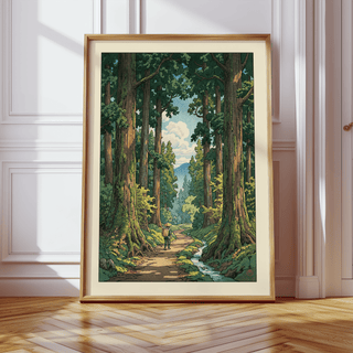 Framed Forest Path wall art showing a hiker on a path through tall green trees with a bright sky
