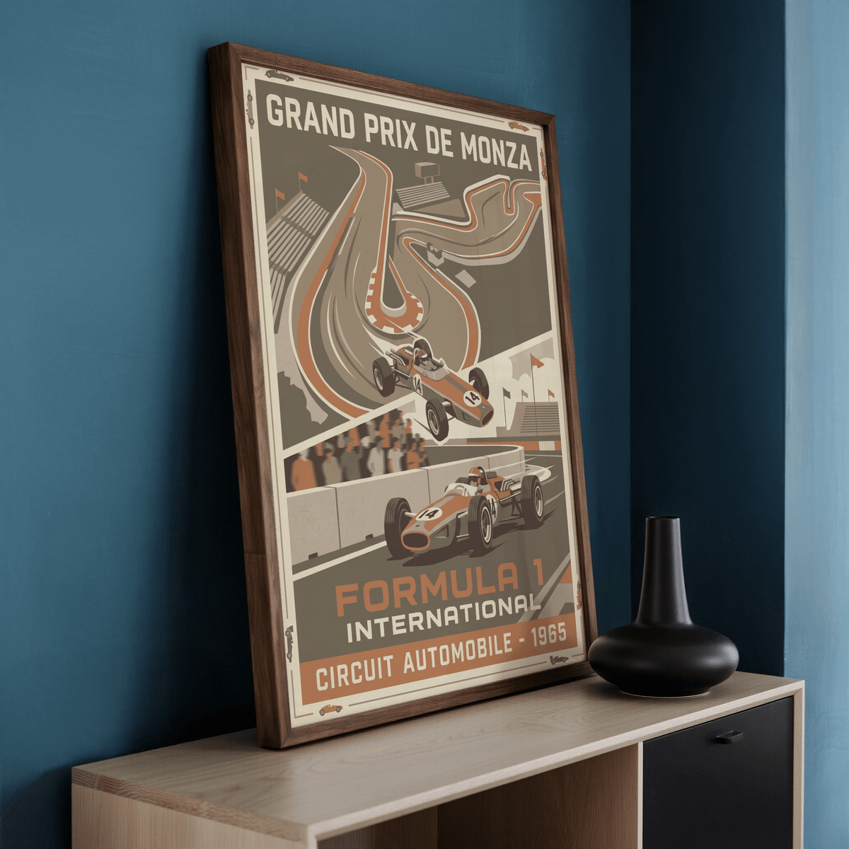 Vintage Car Racing Wall Art leaning on a shelf with a brown frame and a black vase nearby