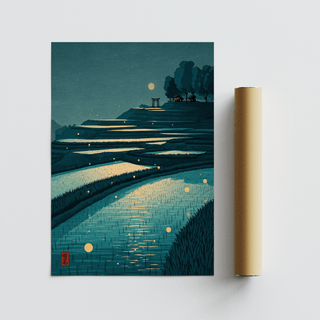 Tranquil Rice Field Poster with terraced fields under moonlight next to a packaging tube