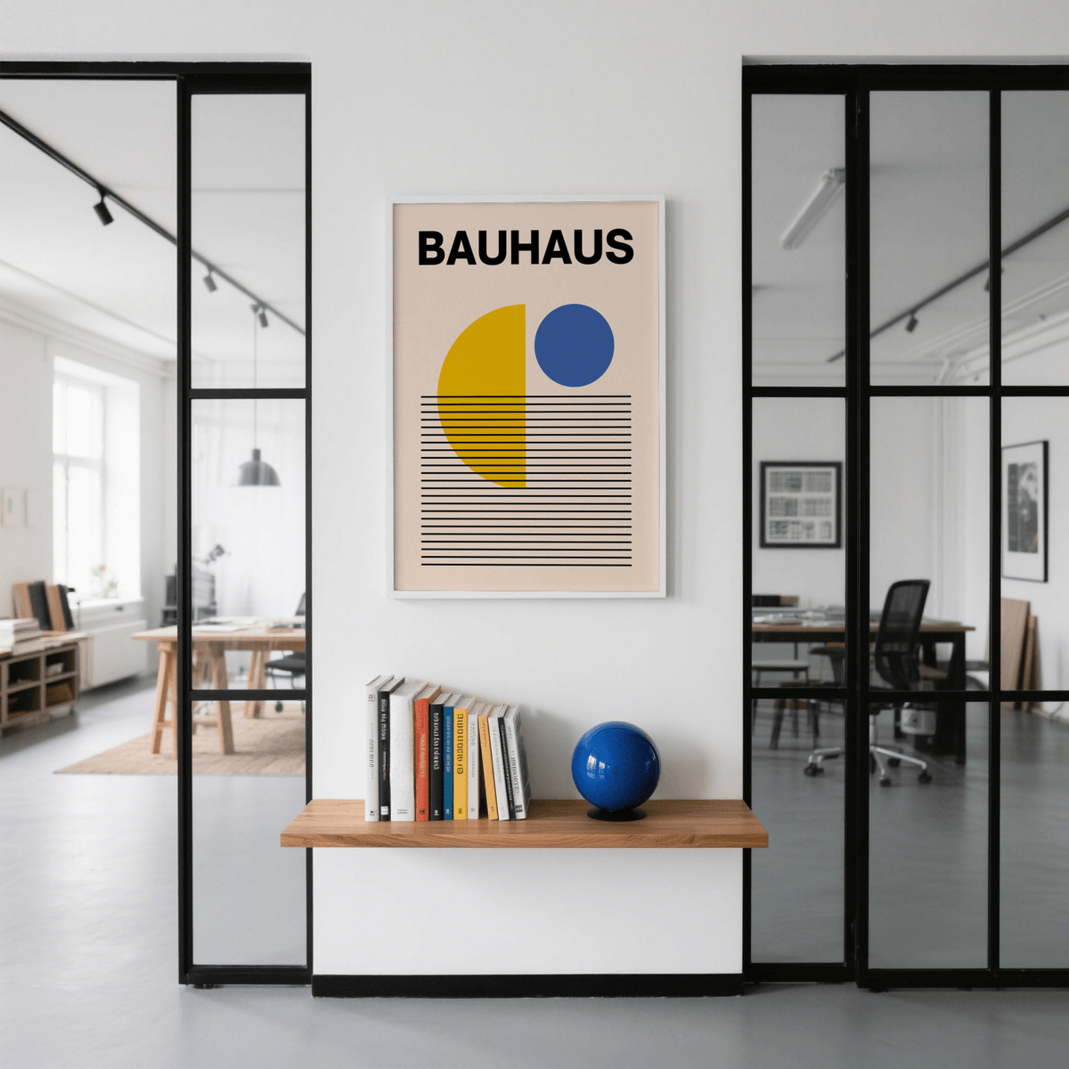 Geometric Lines Art print with yellow semicircle and blue circle above a shelf with books and a blue globe in a modern office