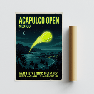 Acapulco Open Tennis Art Print with a retro illustration of a glowing yellow tennis ball above a beach next to a packaging tube