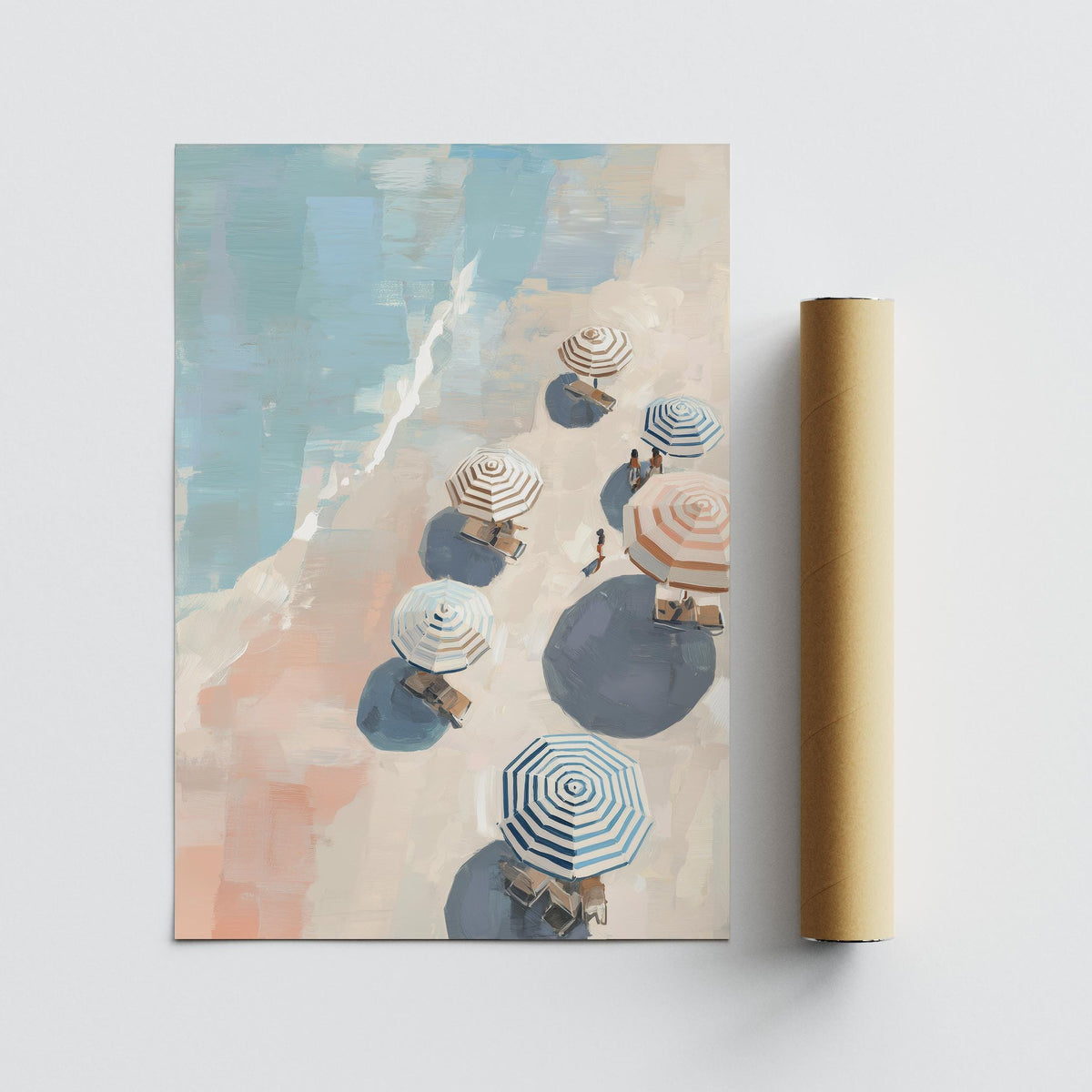 Beach Umbrella Print rolled print with packaging tube showing striped beach umbrellas and seaside colours