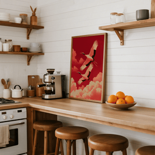 Flying Cranes wall art leaning on a kitchen counter next to a coffee machine and wooden stools