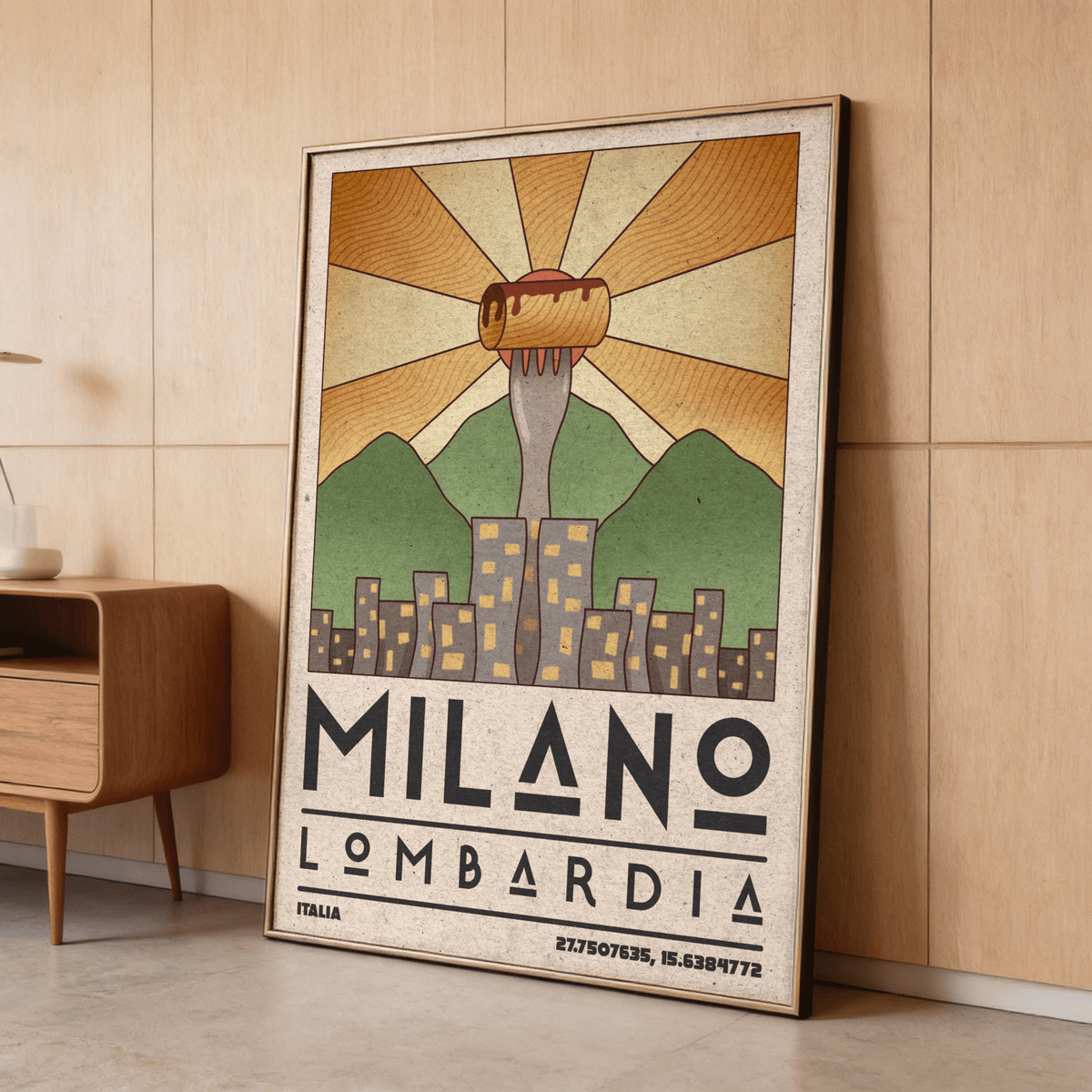 Framed Milano art print leaning on wooden floor vintage illustration with brown and green tones