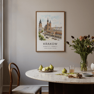 Krakow Cityscape wall art in watercolour style above dining table with pears and flowers