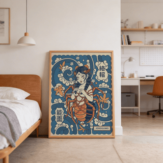Print leaning on a floor of Jorogumo Art with a spider woman in blue and orange beside a wooden bed