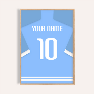 Framed light blue football shirt poster with white sleeve stripes and the number 10