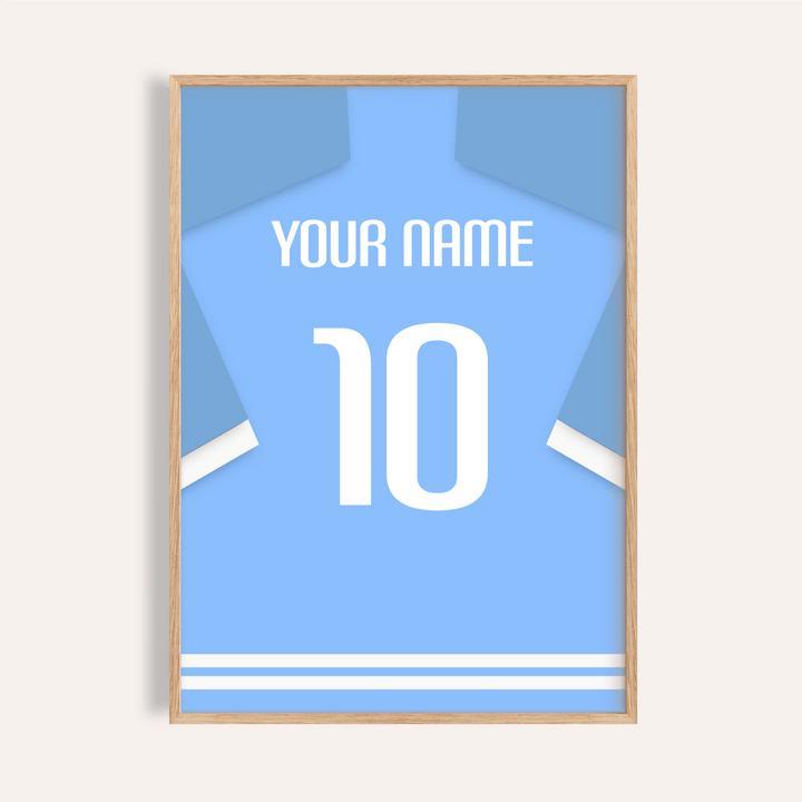 Framed light blue football shirt poster with white sleeve stripes and the number 10