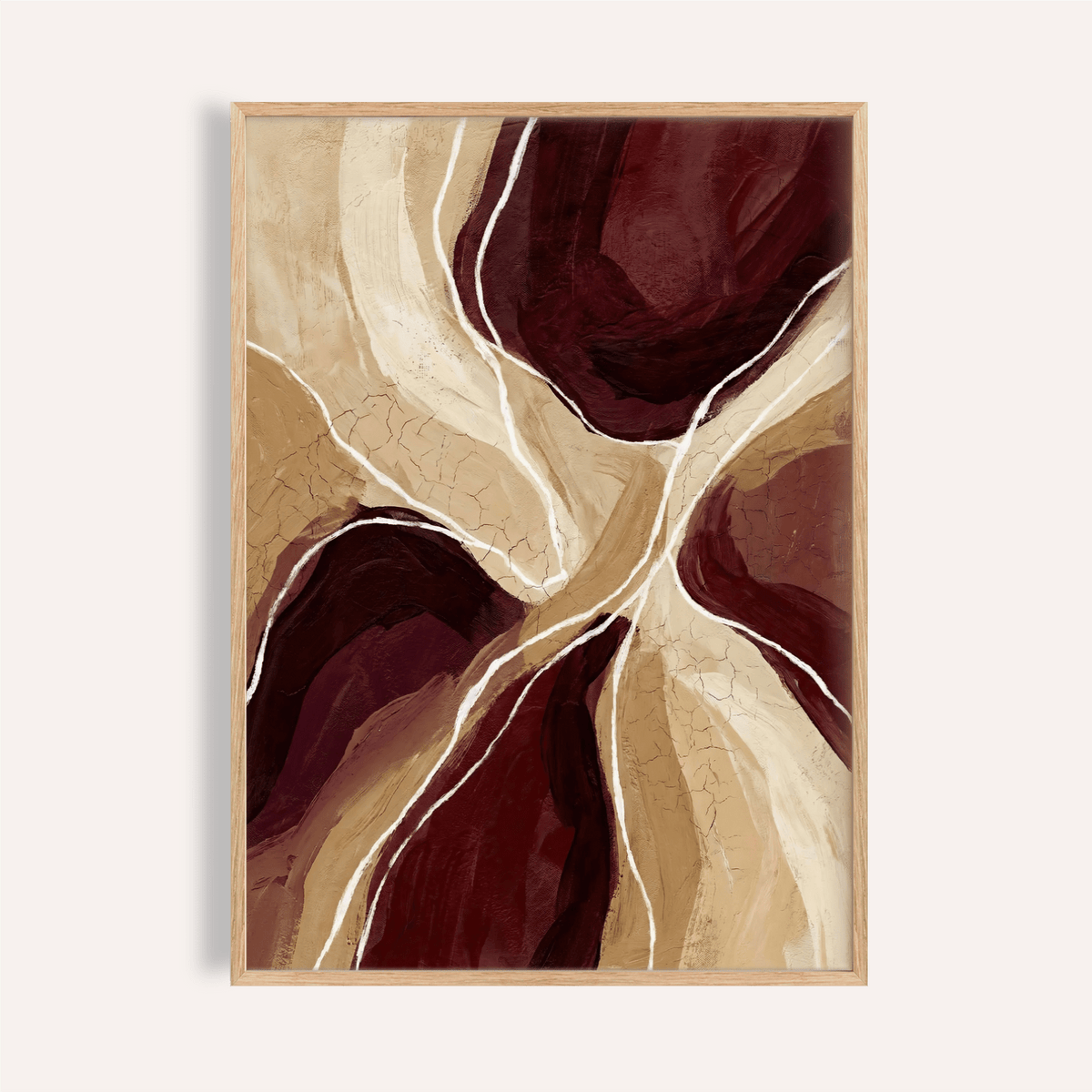 Framed Organic Abstract Art Print with brown and cream flowing shapes on a pale background