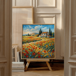 Print leaning on a wooden easel vibrant countryside wall art of a wildflower meadow and farmhouse with blue sky