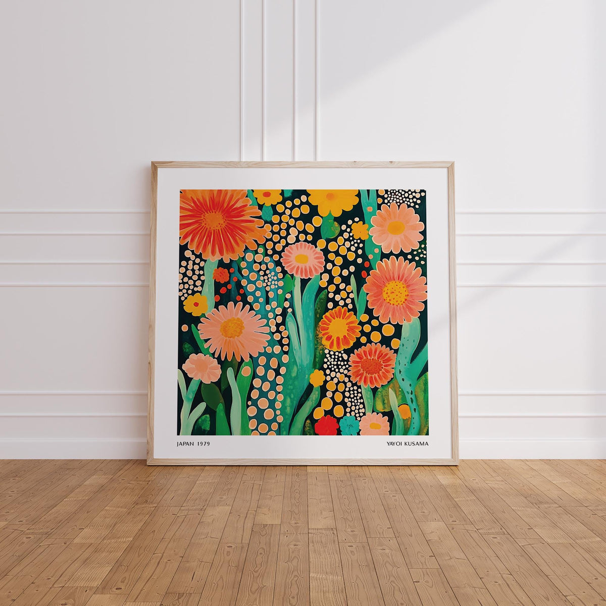 Flowers print with orange and pink flowers leaning on wooden floor near white moulded wall