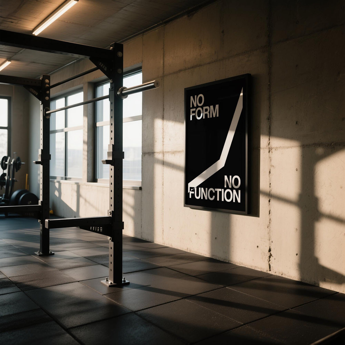 Workout Room Wall Art with minimalist typographic design in black and white on a concrete wall