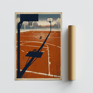 Outdoor Sports Wall Art print with retro basketball court and hoop leaning next to a packaging tube