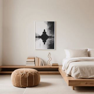 Meditation Art Print hanging above books and a sculpture in a neutral bedroom