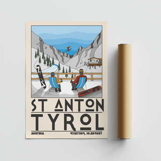 St Anton Tyrol art print laid flat with rolled packaging tube to the right showing a ski resort scene in minimalist style