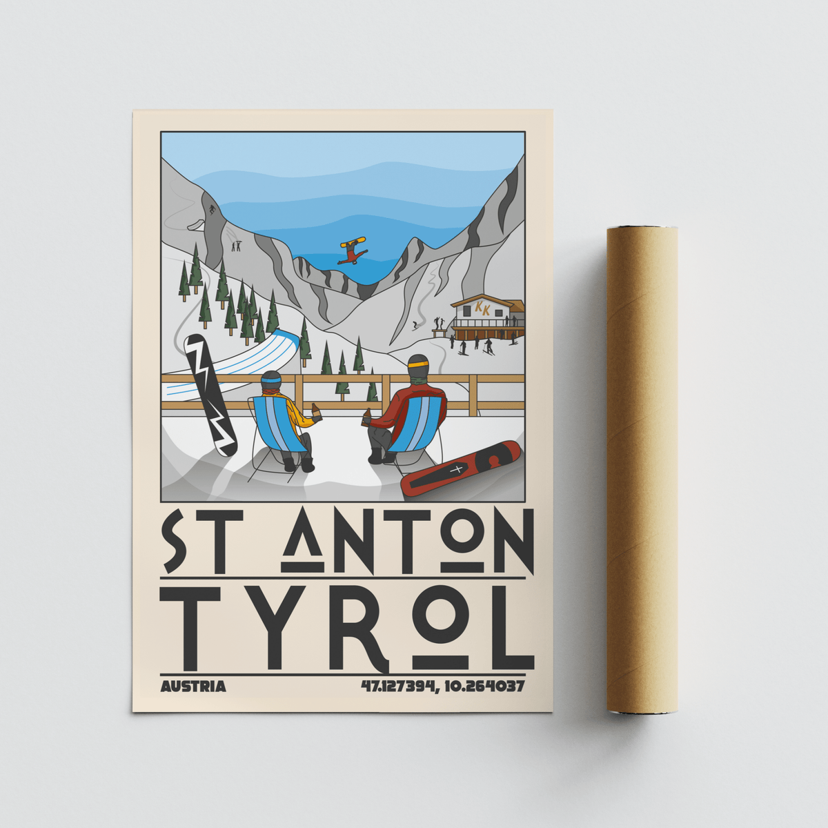St Anton Tyrol art print laid flat with rolled packaging tube to the right showing a ski resort scene in minimalist style
