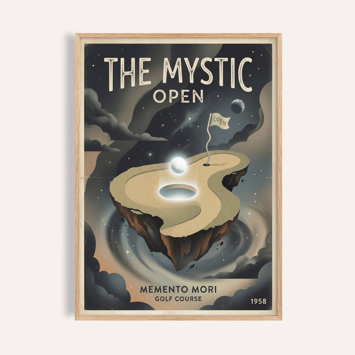 Memento Mori Golf Course Art Print showing a floating golf green with a flag and glowing golf ball in retro surreal style