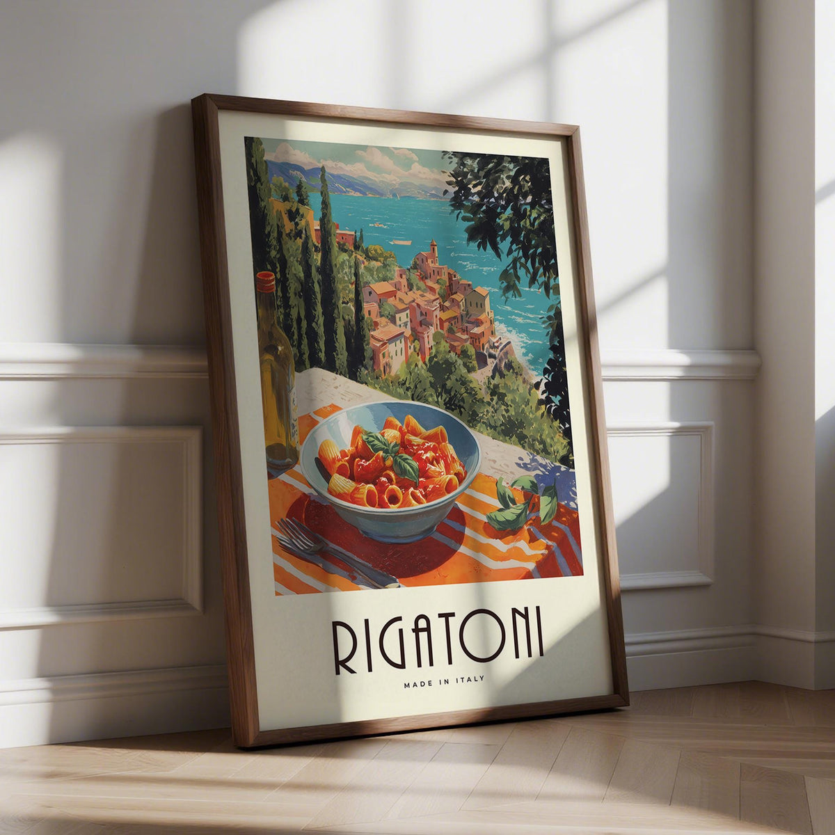 Pasta Artwork print leaning on floor with sunlight on a wood floor and cream wall