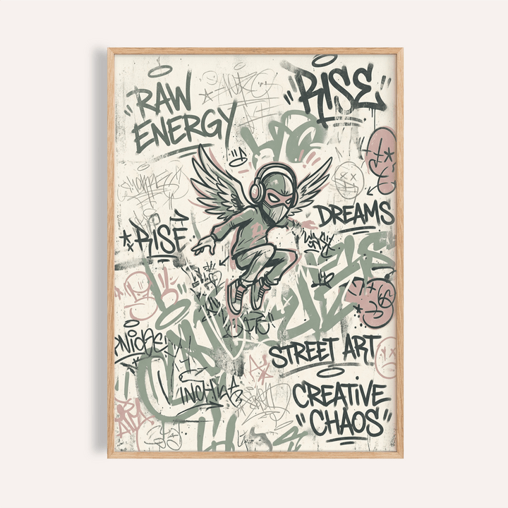 Street Art Poster of winged figure with headphones with typographic graffiti in pale colours