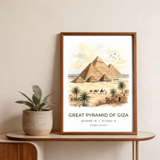 Giza Pyramid wall art framed close-up with beige and brown watercolour tones with plant on table