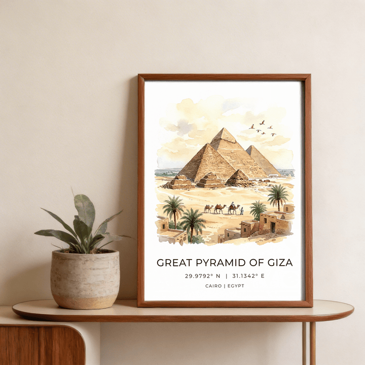 Giza Pyramid wall art framed close-up with beige and brown watercolour tones with plant on table