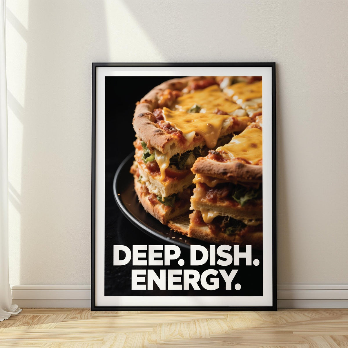 Foodie Gift Idea wall art showing a close-up of a deep dish pizza slice with melted cheese and text