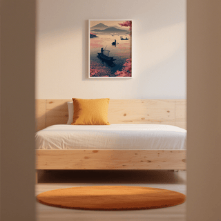 Zen Fishing Poster print of fishing boats with fishermen in blues and pinks above a bed with orange cushion