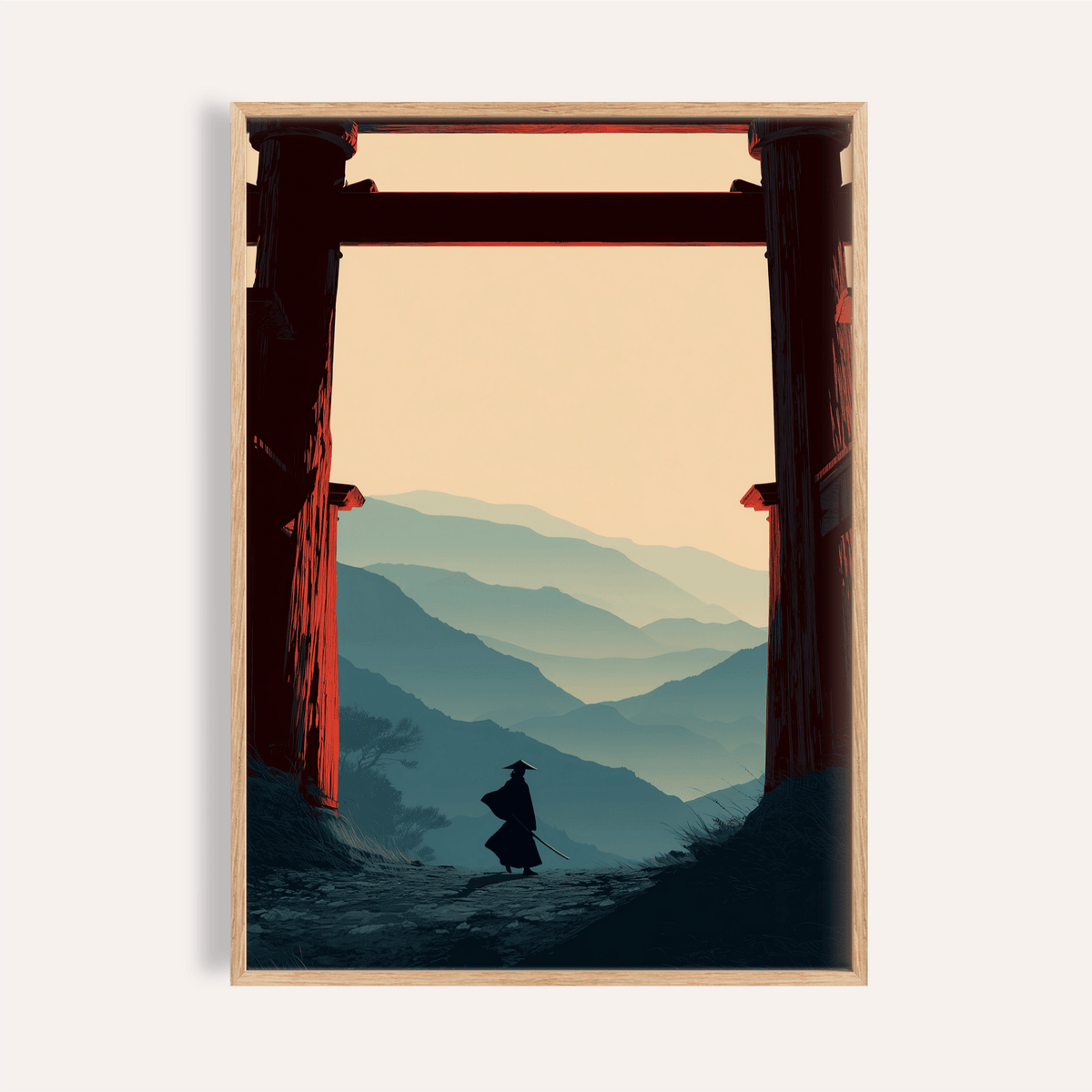 Framed print of samurai mountain poster with silhouette and layered blue mountains