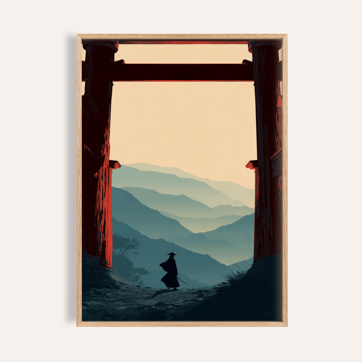 Framed print of samurai mountain poster with silhouette and layered blue mountains