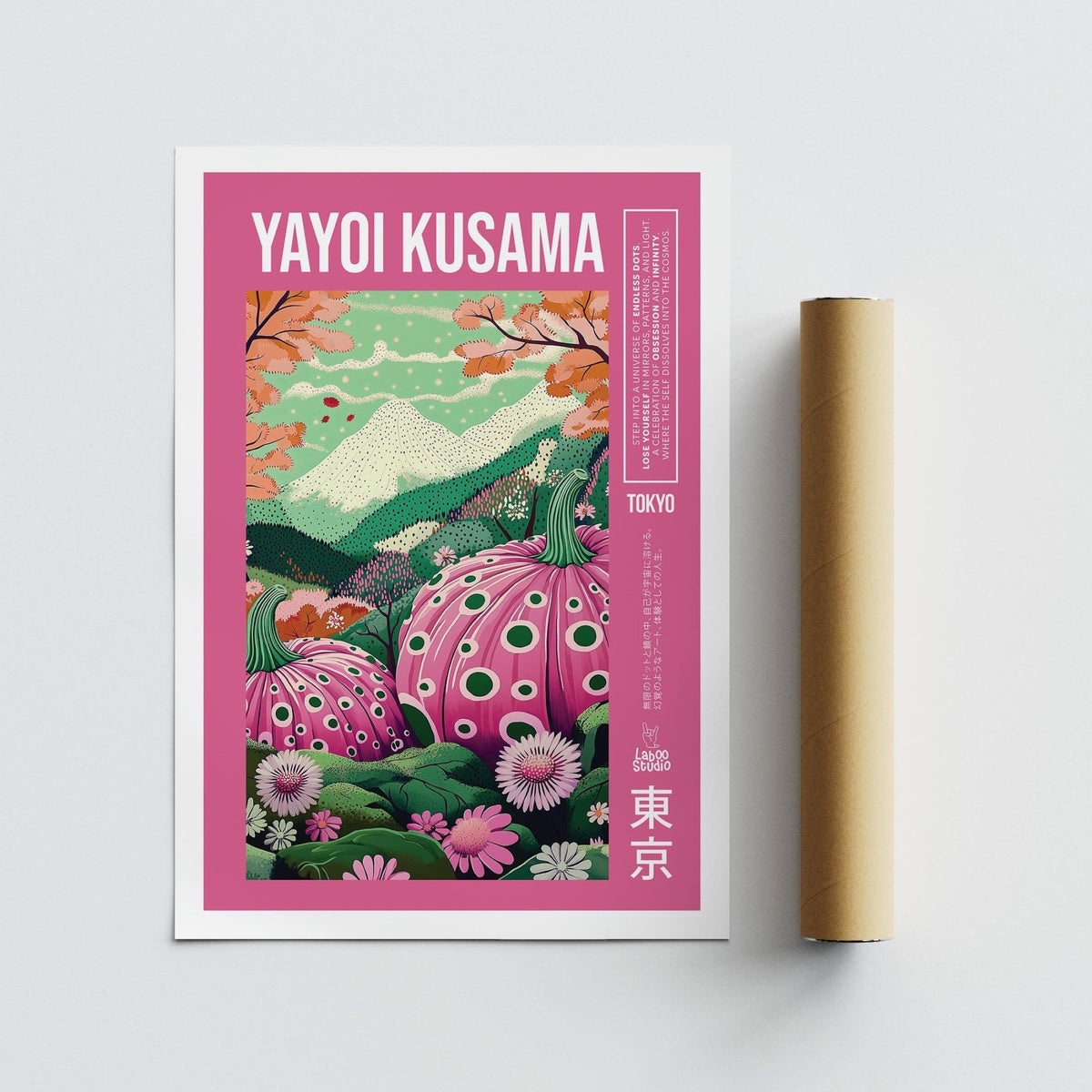 Wall Art with Pink polka dot pumpkins and flowers next to a packaging tube