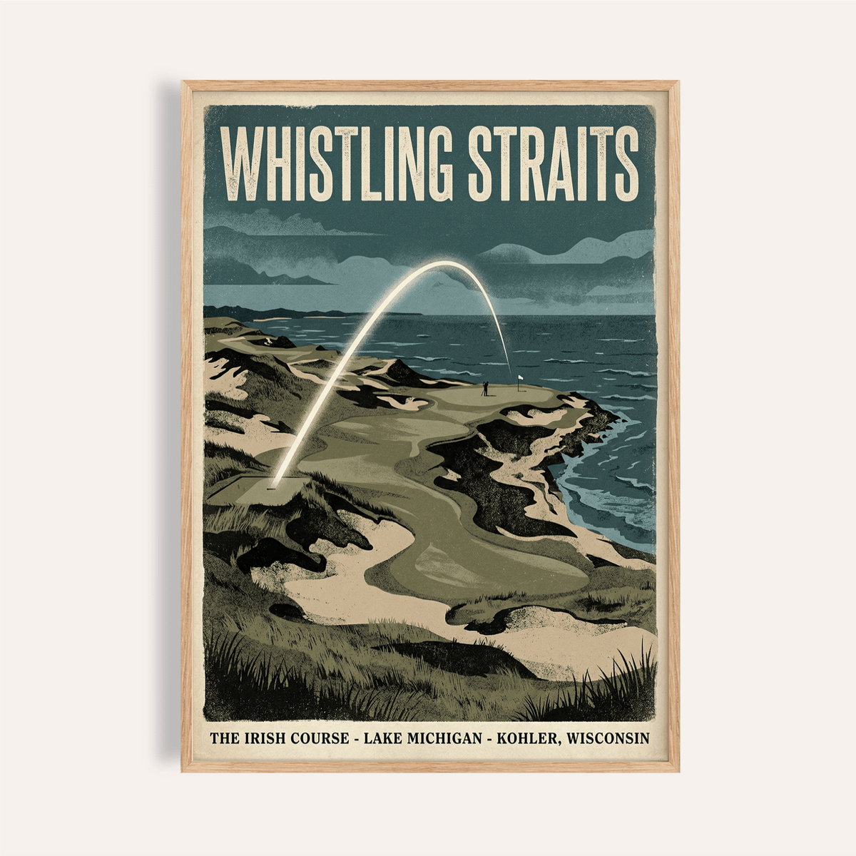 Framed Lakeside Links Golf Poster of a coastal golf course in vintage illustration style