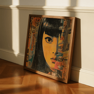 Japanese Pop Art leaning print of an anime style woman face with orange and black tones on a wooden floor