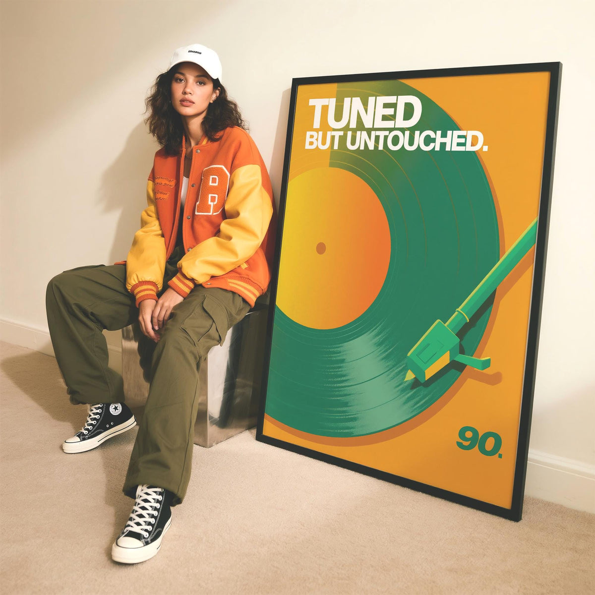 Vinyl Record Art Print leaning on floor beside person in a casual outfit