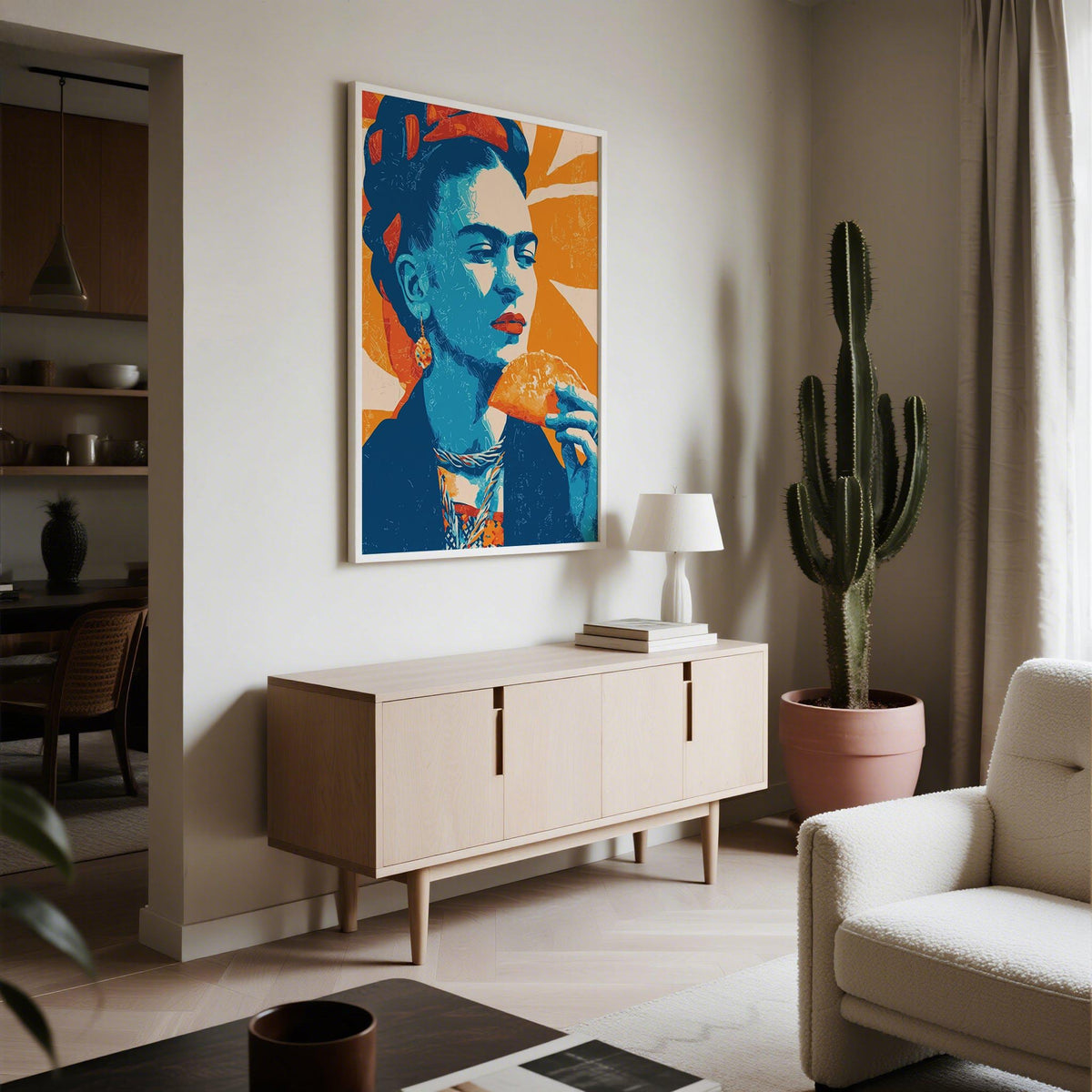 Taco print of a woman eating a taco in blue and orange colors hanging above a wooden sideboard with a lamp