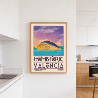 Valencia City art print of hemispheric building with purple and orange sky in a kitchen