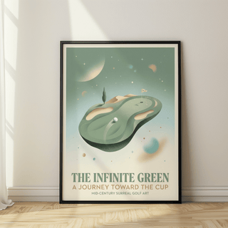 Framed Surreal Golf Art of a floating green with a golf ball and flag leaning on a wooden floor
