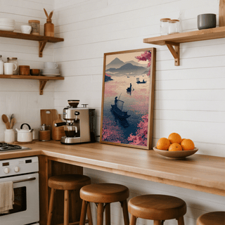 Zen Fishing Poster print leaning on kitchen counter with stools and a bowl of oranges nearby
