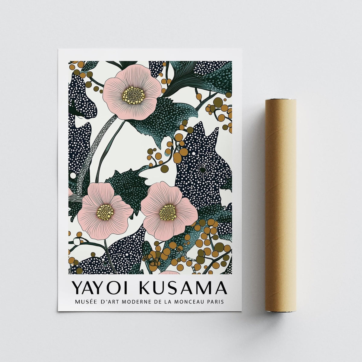 Pink Wall Art for Bedroom showing pink floral illustration with berries next to a packaging tube