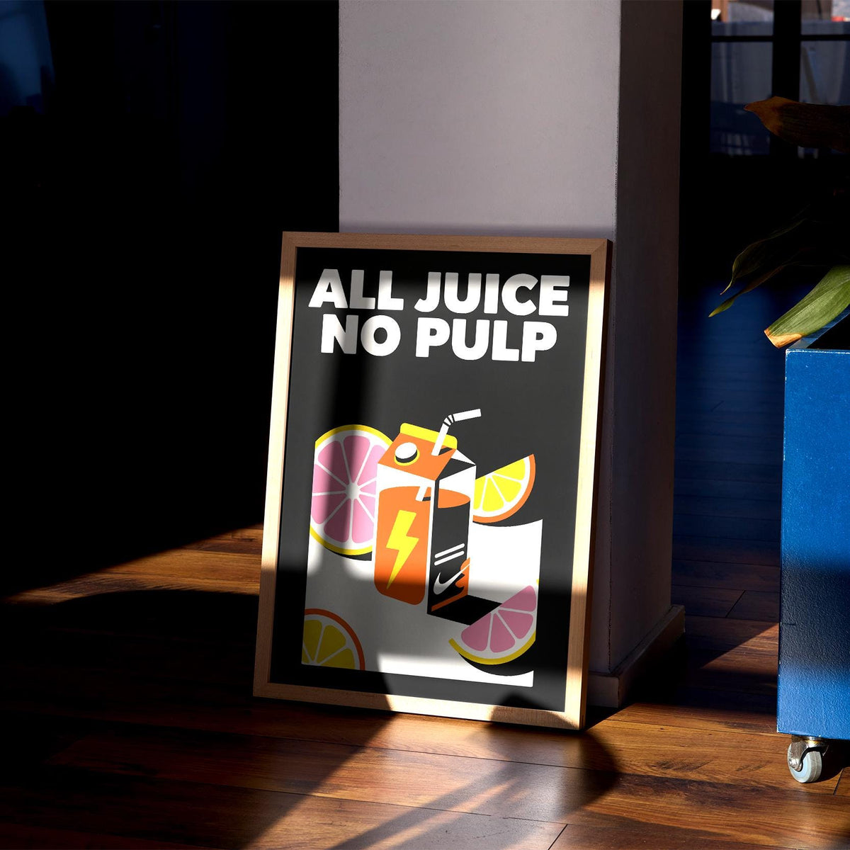 Framed Pop Art Poster of orange juice carton with pink and yellow citrus slices leaning on a wall with sunlight