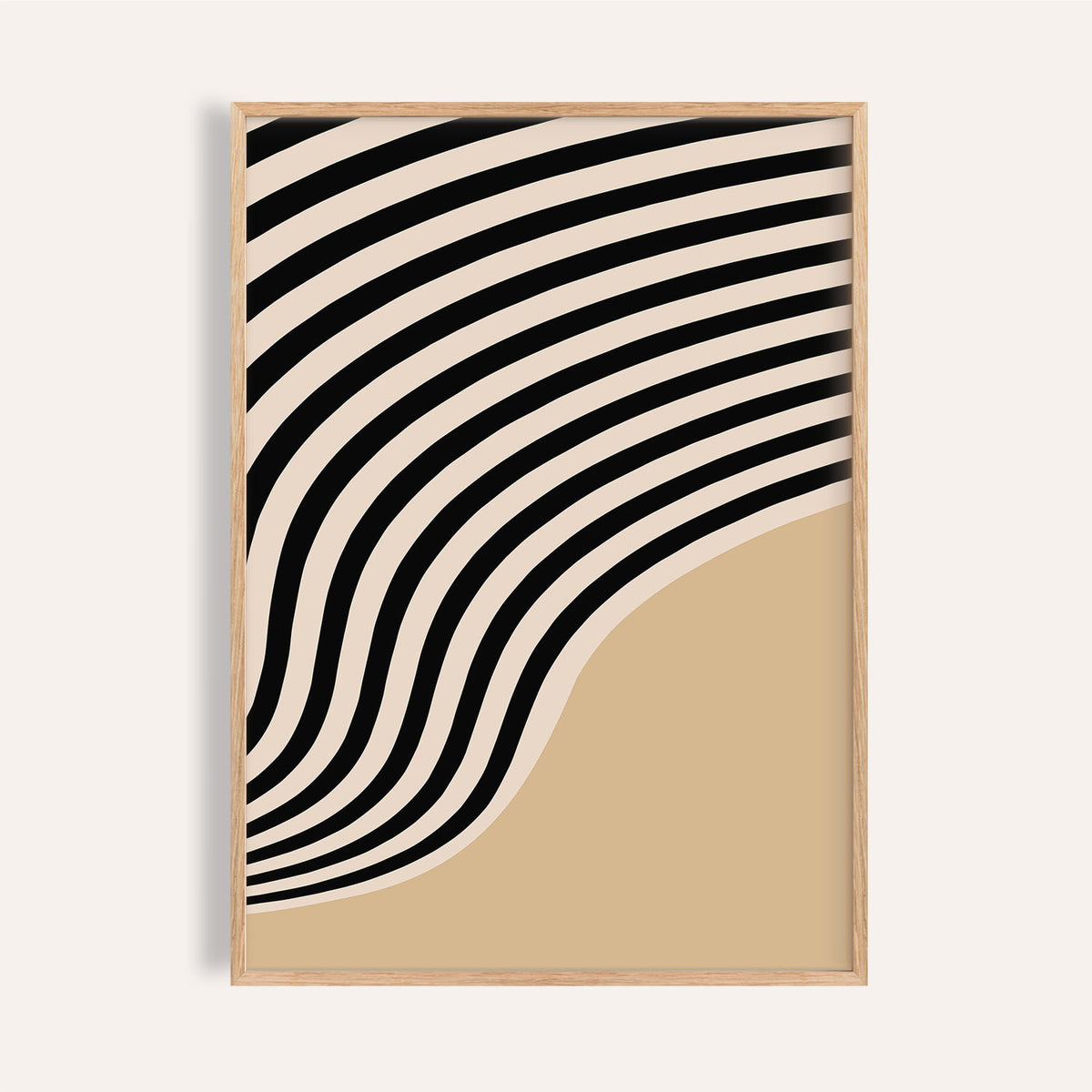 Framed Beige Abstract Art with black curved stripes on beige background