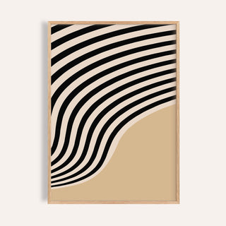 Framed Beige Abstract Art with black curved stripes on beige background