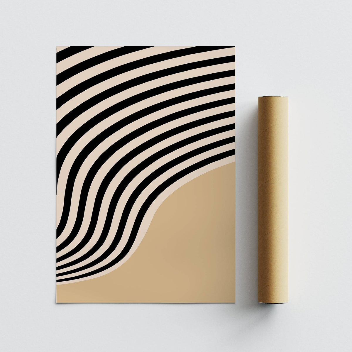 Beige abstract art with curved black and cream stripes leaning beside a brown packaging tube