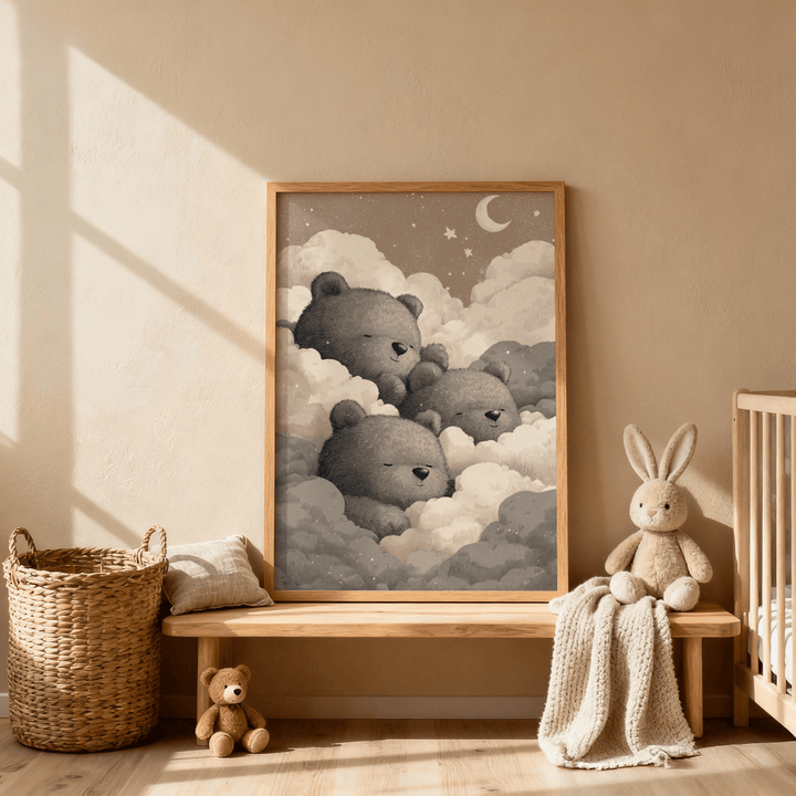 Teddy Bear wall art for nursery showing sleeping bears in clouds with beige and brown tones in a nursery